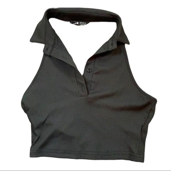 Shein black collared halter top front buttons ribbed material size x small - Picture 1 of 7